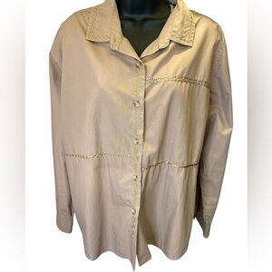 Bobbie Brooks Taupe Cottage Core embroidered Cotton Shirt XL
